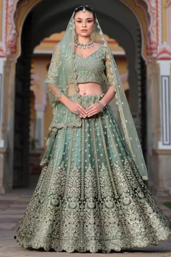 pista green zari work net lehenga set choli with dupatta with dupatta