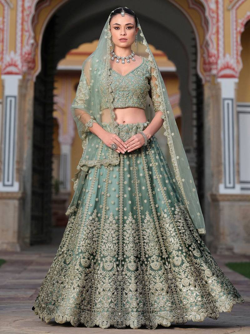 pista green zari work net lehenga set choli with dupatta with dupatta