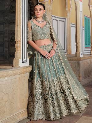 pista green zari work net lehenga set choli with dupatta with dupatta 2