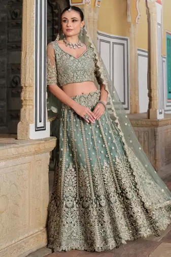 pista green zari work net lehenga set choli with dupatta with dupatta