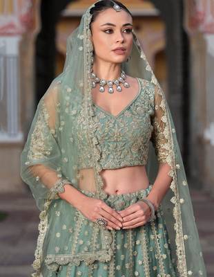pista green zari work net lehenga set choli with dupatta with dupatta 3