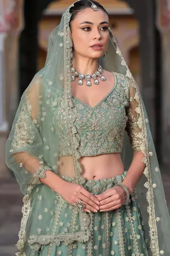 pista green zari work net lehenga set choli with dupatta with dupatta