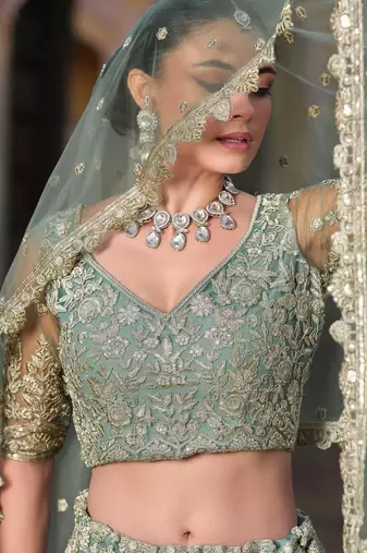 pista green zari work net lehenga set choli with dupatta with dupatta