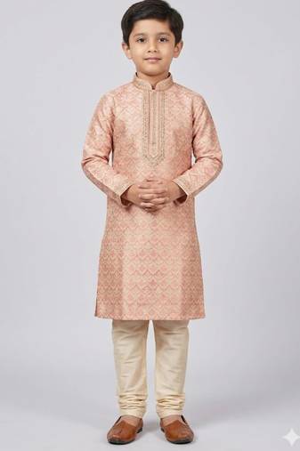 Pink printed poly jacquard kurta pajama for kids