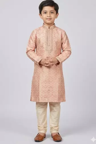 Pink printed poly jacquard kurta pajama for kids