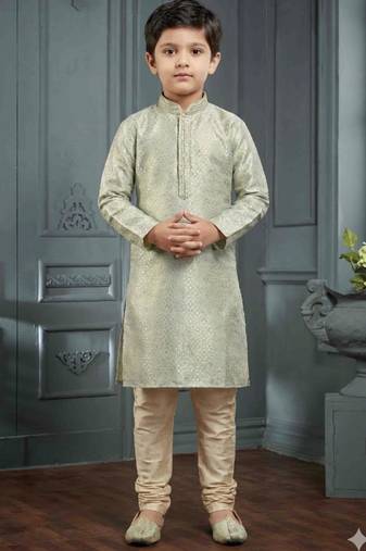 Grey printed poly jacquard kurta pajama for kids
