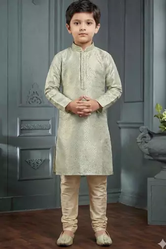Grey printed poly jacquard kurta pajama for kids