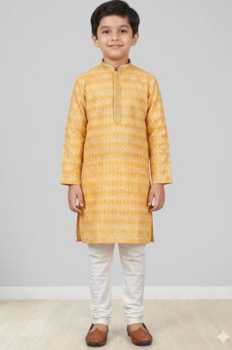 Yellow printed poly jacquard kurta pajama for kids