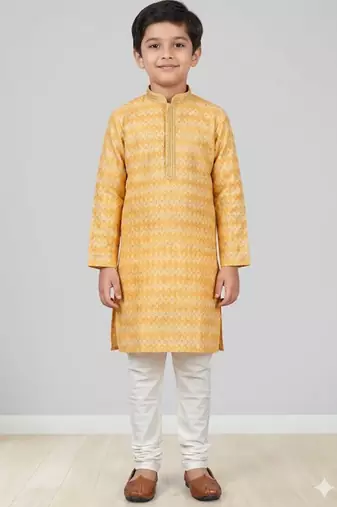 Yellow printed poly jacquard kurta pajama for kids