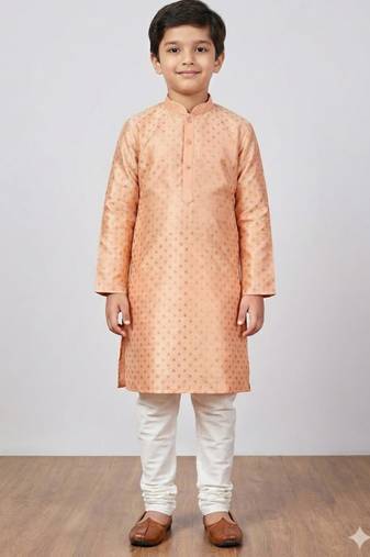 Pink printed poly jacquard kurta pajama for kids