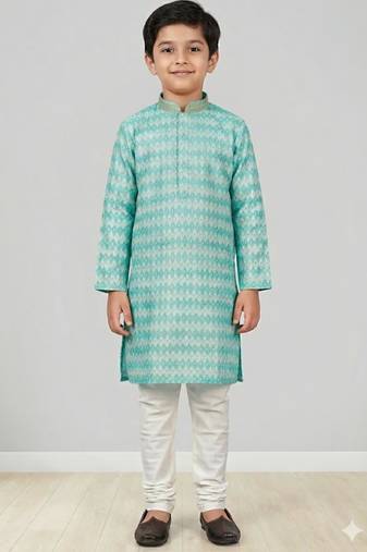 Blue printed poly jacquard kurta pajama for kids