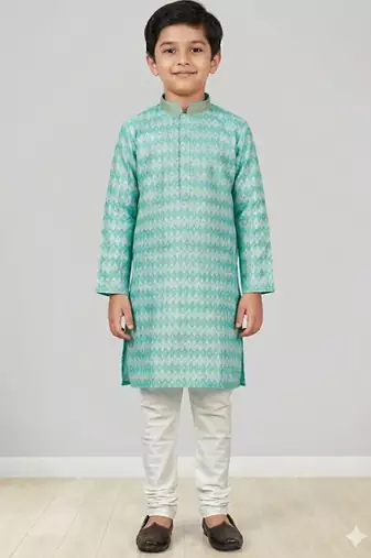 Blue printed poly jacquard kurta pajama for kids