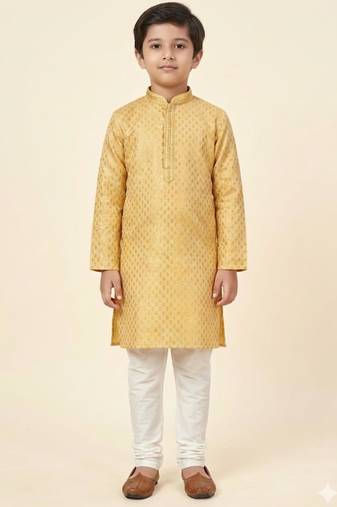 Yellow printed poly jacquard kurta pajama for kids