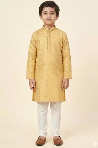 Yellow printed poly jacquard kurta pajama for kids