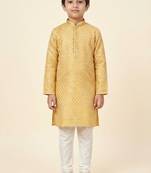 Yellow printed poly jacquard kurta pajama for kids