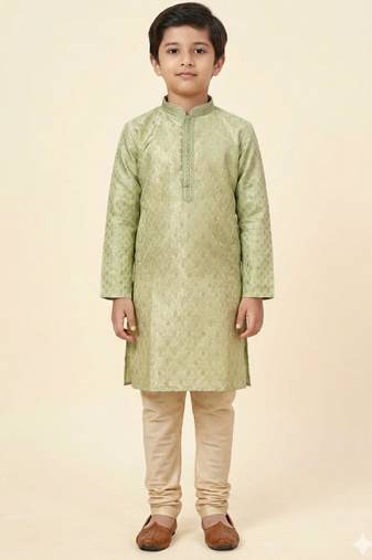 Green printed poly jacquard kurta pajama for kids