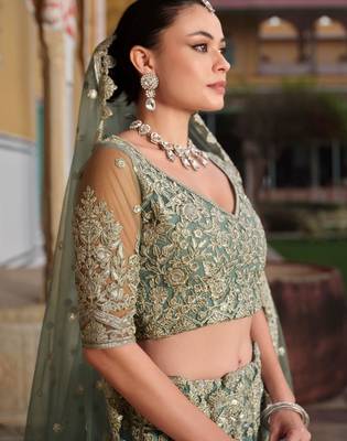 pista green zari work net lehenga set choli with dupatta with dupatta 6
