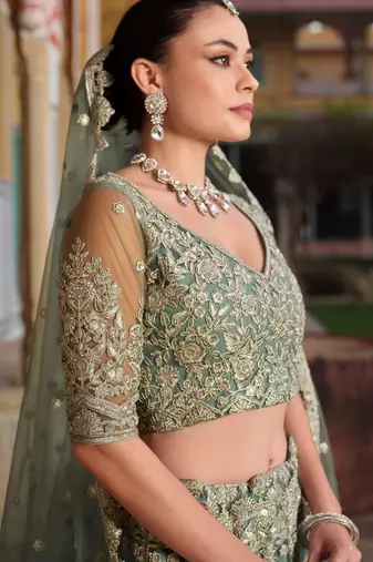 pista green zari work net lehenga set choli with dupatta with dupatta