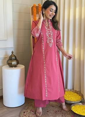 Floral embroidered red round neck  cotton kurta set with trouser 1