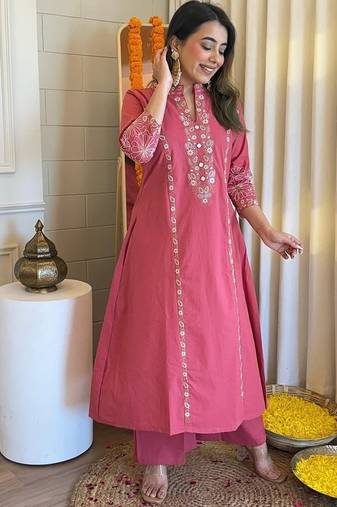 Floral embroidered red round neck pure cotton kurta set with trouser
