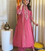 Floral embroidered red round neck pure cotton kurta set with trouser
