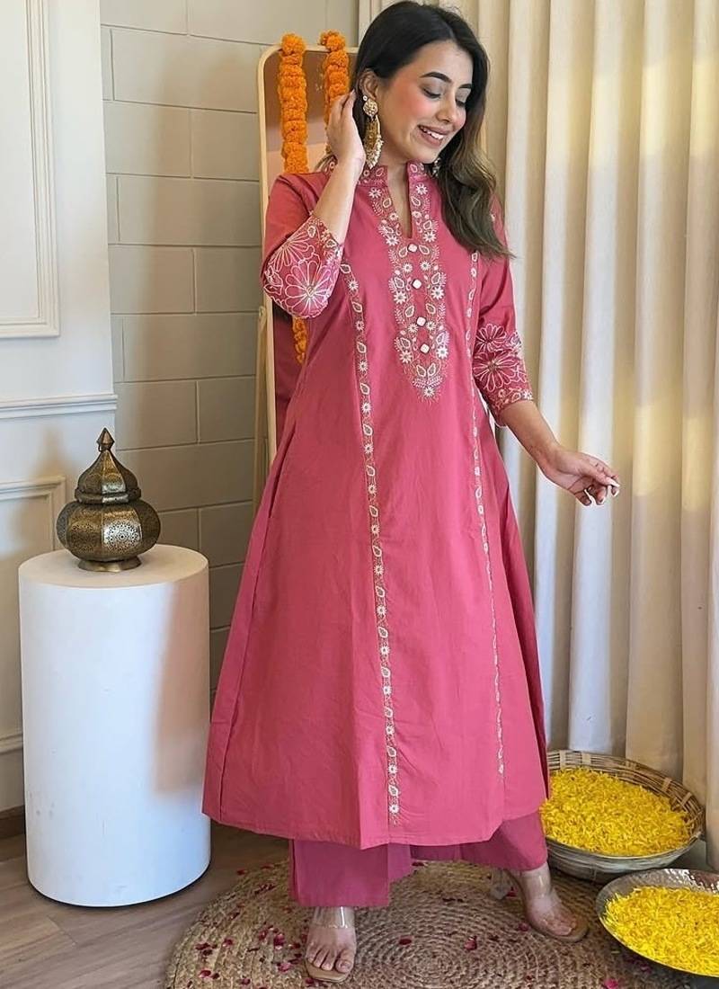 Floral embroidered red round neck pure cotton kurta set with trouser