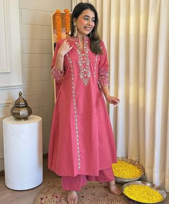 Floral embroidered red round neck  cotton kurta set with trouser 2
