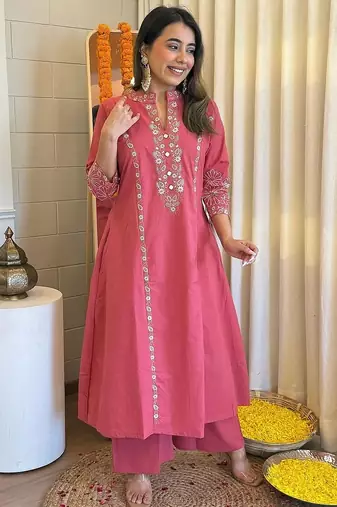 Floral embroidered red round neck  cotton kurta set with trouser