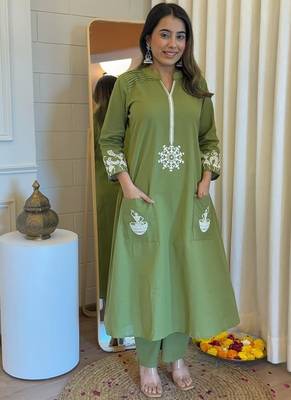 Floral embroidered green round neck  cotton co-ord set 1