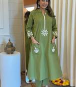 Floral embroidered green round neck pure cotton co-ord set