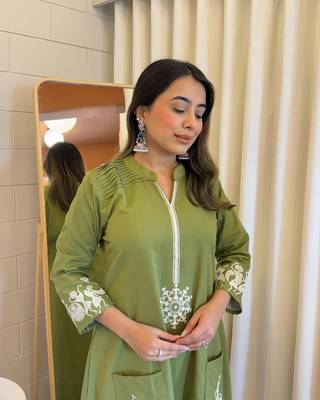 Floral embroidered green round neck  cotton co-ord set 2