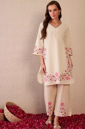 Floral printed white v neck pure cotton co-ord set