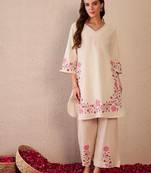 Floral printed white v neck pure cotton co-ord set