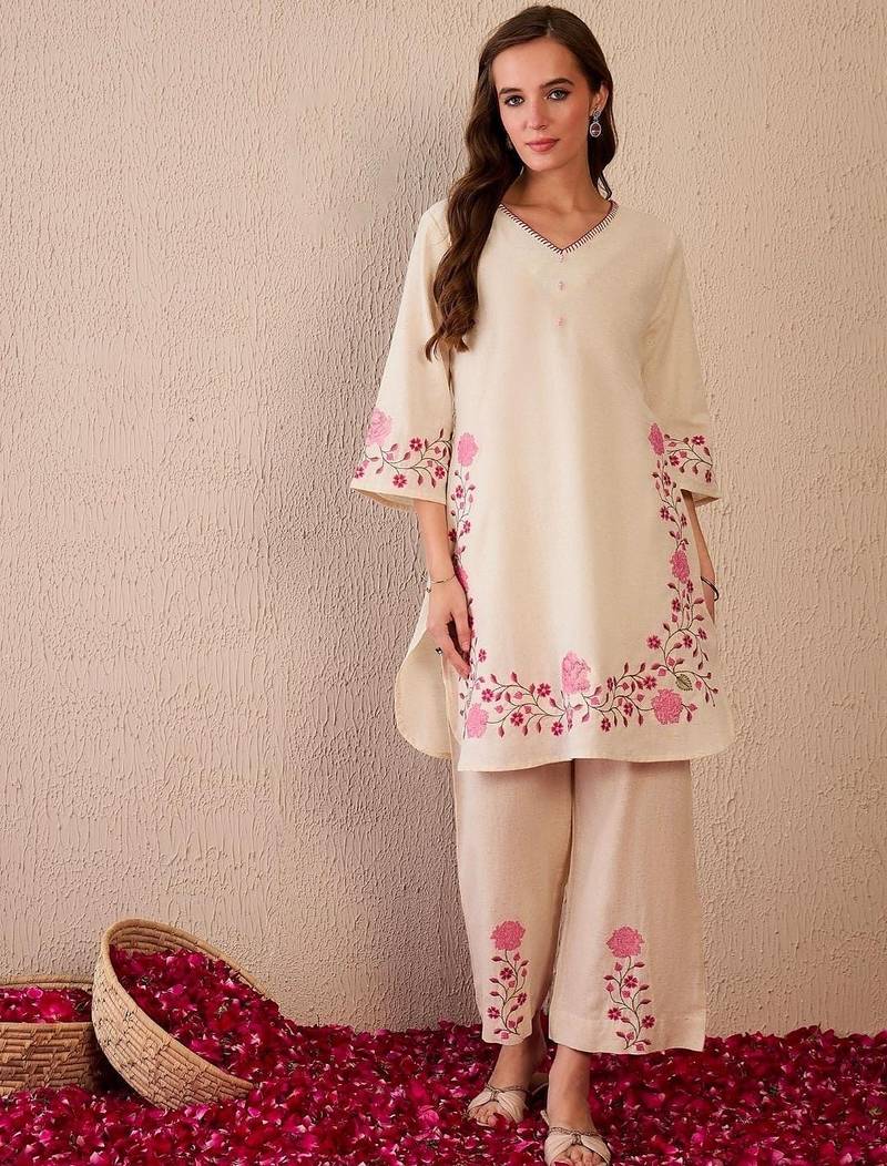 Floral printed white v neck pure cotton co-ord set