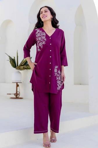 Floral printed purple v neck pure cotton co-ord set