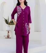 Floral printed purple v neck pure cotton co-ord set