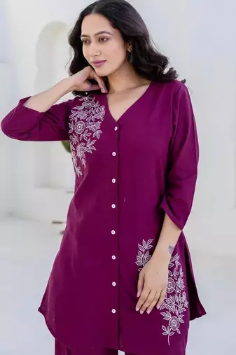 Floral printed purple v neck  cotton co-ord set