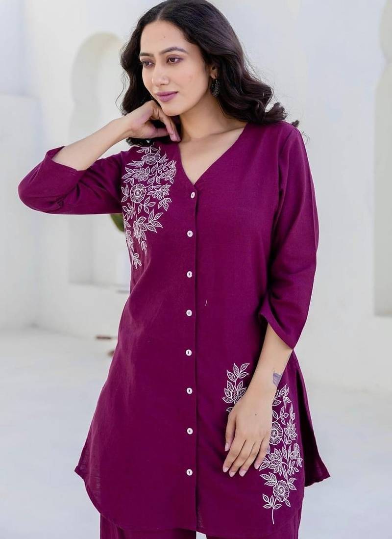 Floral printed purple v neck pure cotton co-ord set