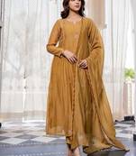 Mustard Embroidered Mul Chanderi Anarkali Kurti Set