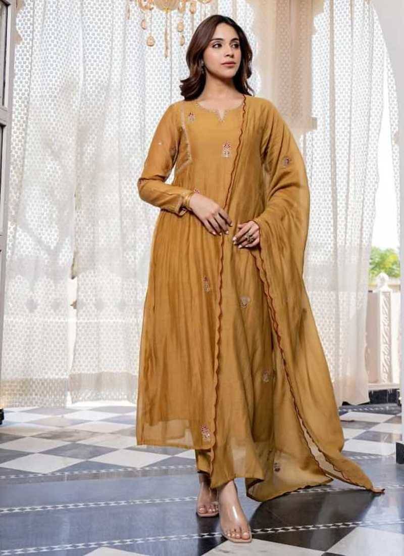 Mustard Embroidered Mul Chanderi Anarkali Kurti Set