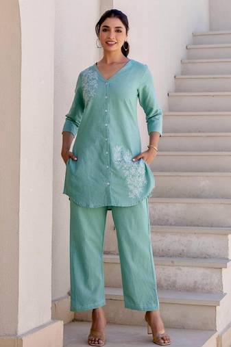 Floral printed blue v neck pure cotton co-ord set