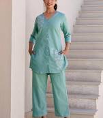 Floral printed blue v neck pure cotton co-ord set