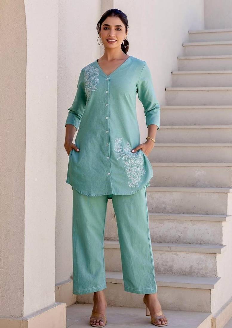 Floral printed blue v neck pure cotton co-ord set