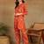 Women ethnic motifs printed orange rayon straight kurta with pants set