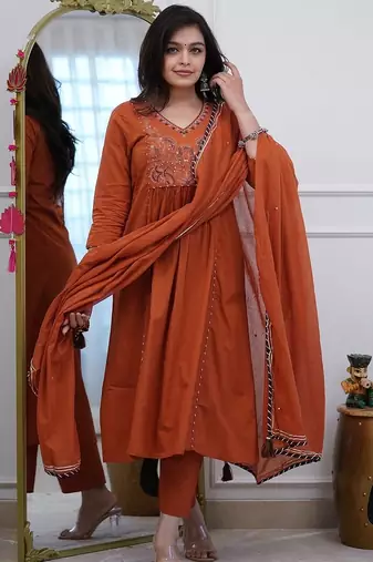 Floral embroidered brown v neck pure cotton kurta set with trouser & dupatta