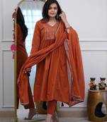 Floral embroidered brown v neck pure cotton kurta set with trouser & dupatta