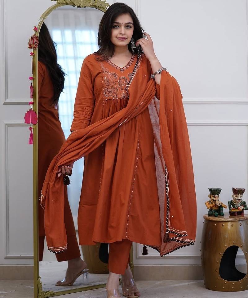 Floral embroidered brown v neck pure cotton kurta set with trouser & dupatta