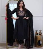 Floral embroidered black v neck pure cotton kurta set with trouser & dupatta