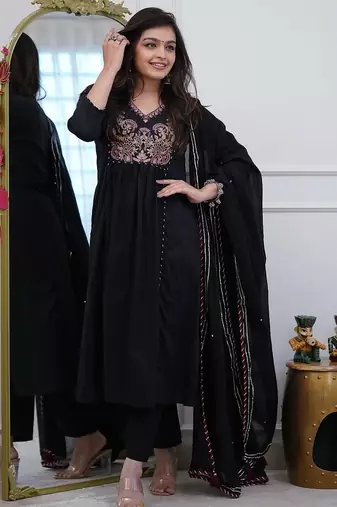 Floral embroidered black v neck  cotton kurta set with trouser & dupatta