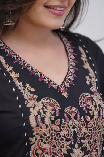Floral embroidered black v neck  cotton kurta set with trouser & dupatta